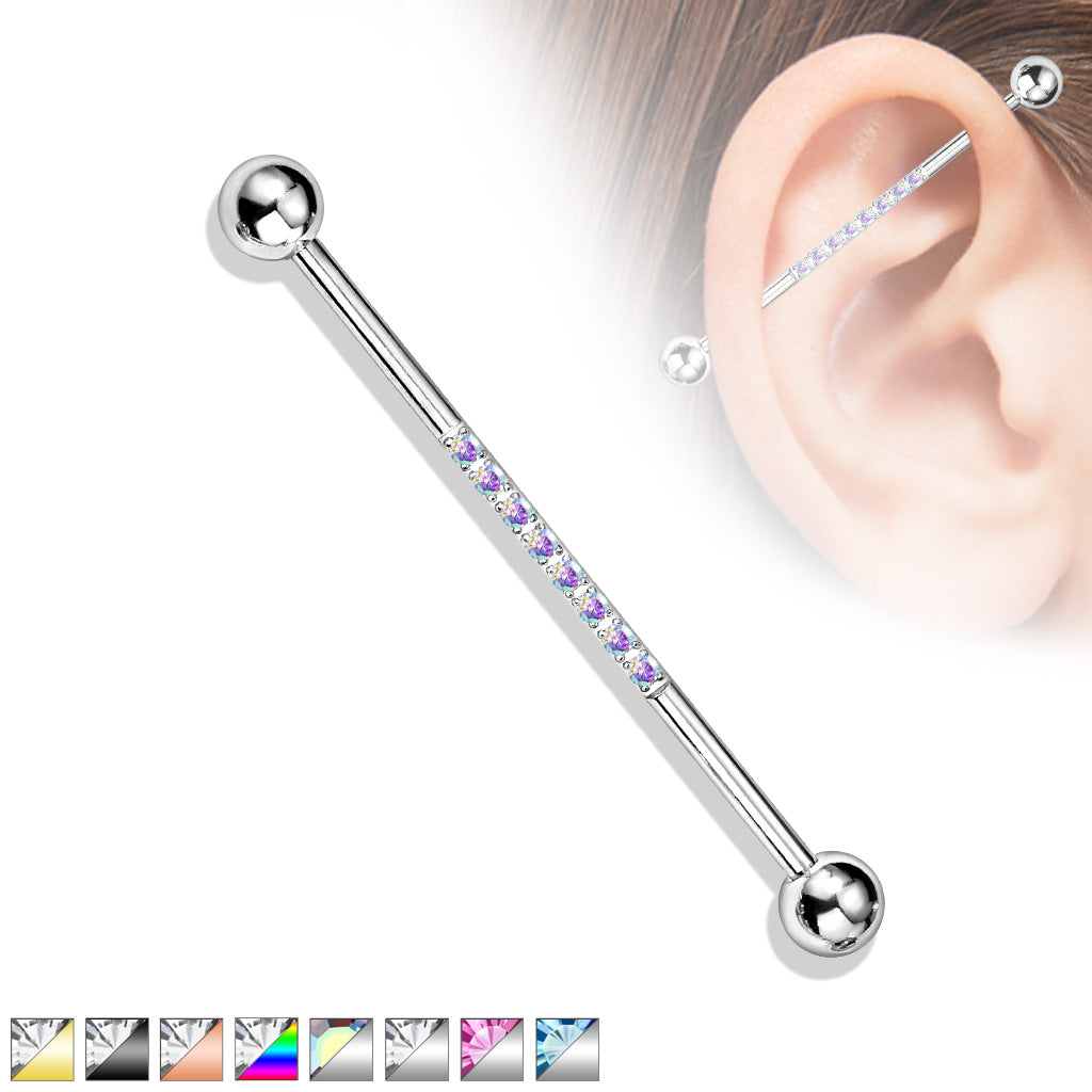 14G Surgical Steel Industrial Barbell with CNC Set Lined CZ on Bar (38MM)
